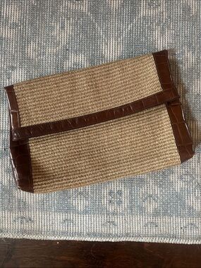 Woven Straw Foldover Clutch with Brown Leather Trim